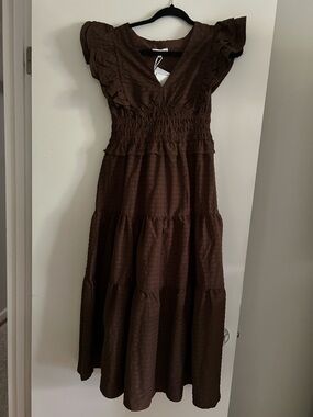 Moon River Brown Tiered Ruffle Maxi Dress